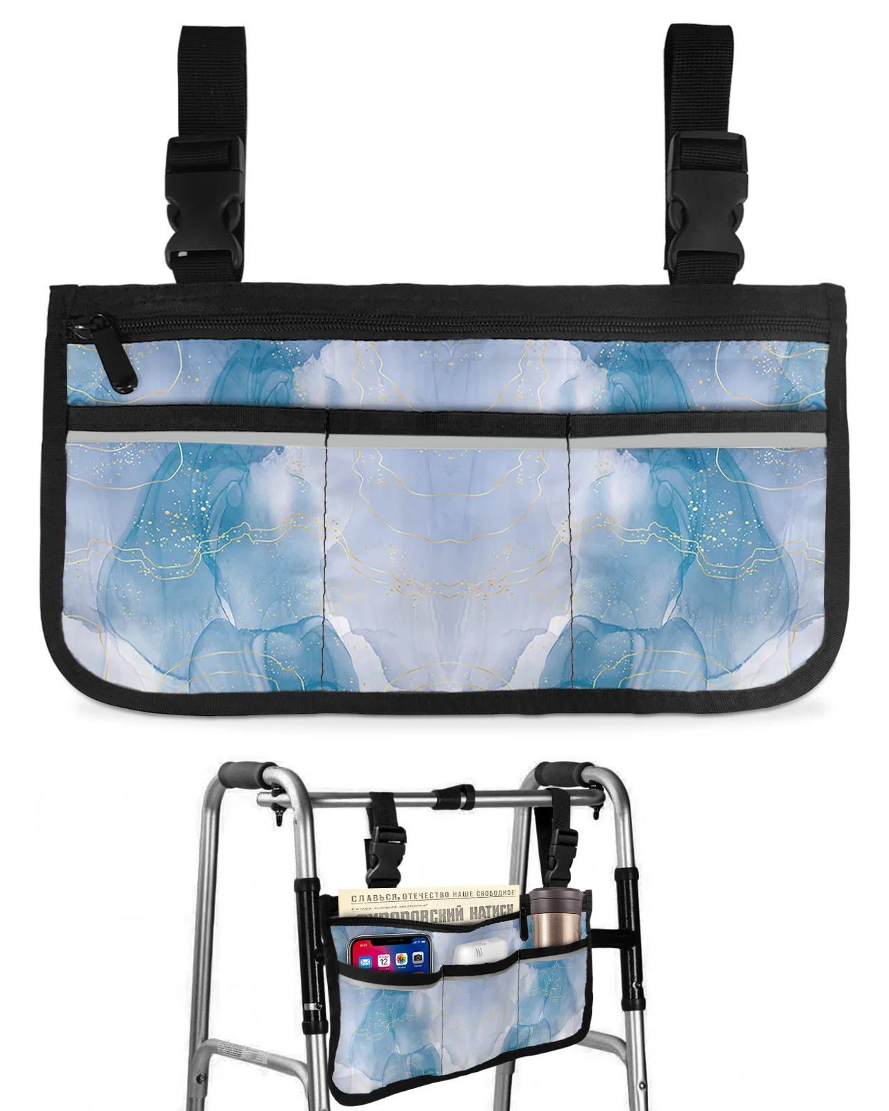 

Marble Line Gradient Wheelchair Bag With Pockets Armrest Side Bags Electric Scooter Walking Frame Storage Pouch