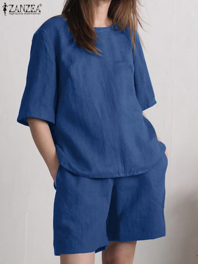 

2022 ZANZEA Casual Loose Matching Sets Women Short Sets Summer Short Sleeve Blouse Suits 2PCS Fashion Beach Tracksuit Outifits