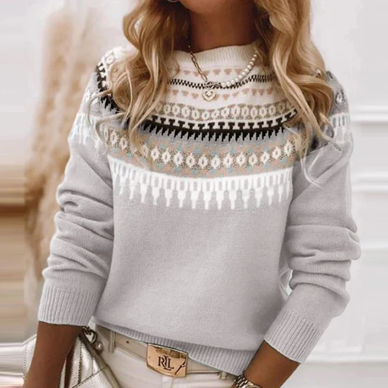 Женский трикотажный пуловер с круглым вырезом и длинными рукавами