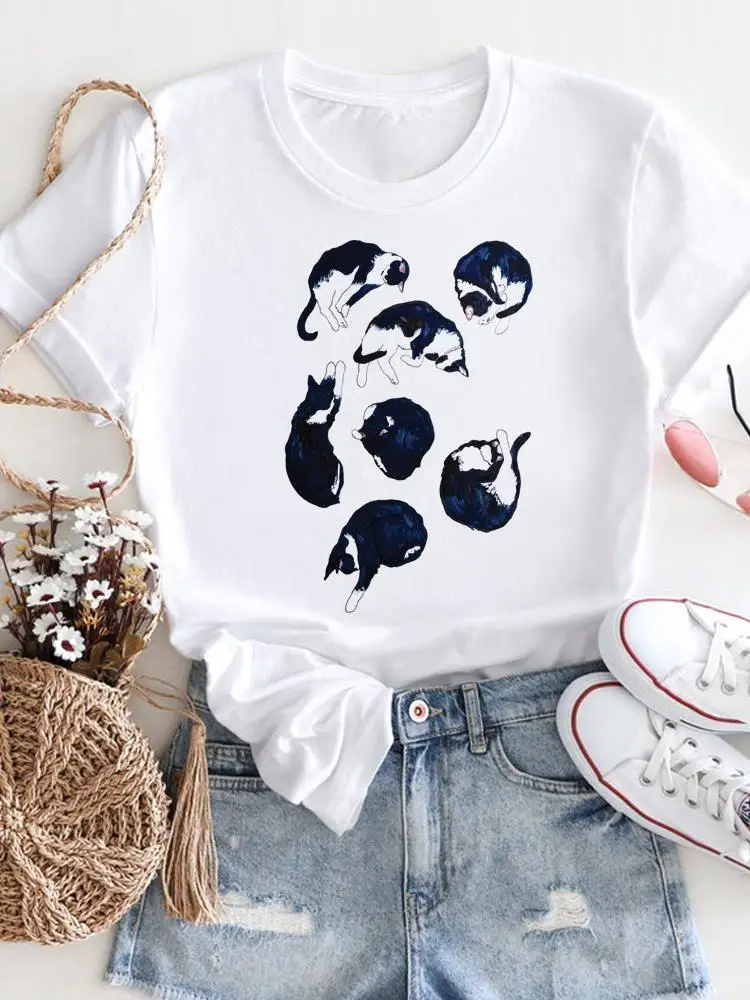 

Women Cat Graphic T Shirt Top Fashion Tees Print Casual Clothing Summer Watercolor Lovely Tshirt Cute Short Sleeve Femme T-shirt