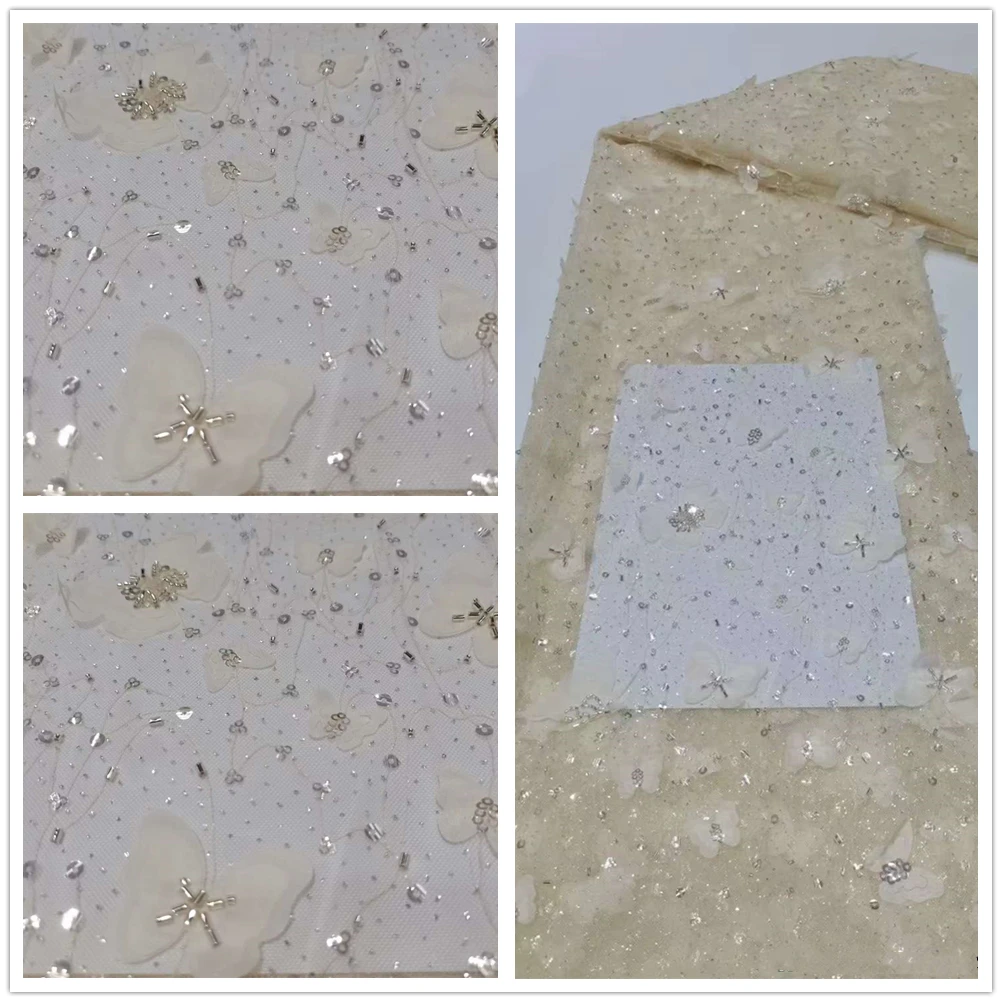 

OEMG 2022 Purple 3D Bead Lace Fabric High quality Mesh embroidery Applique 3D Floral Tulle Nigerian Lace Royal Bride Gown RF0029