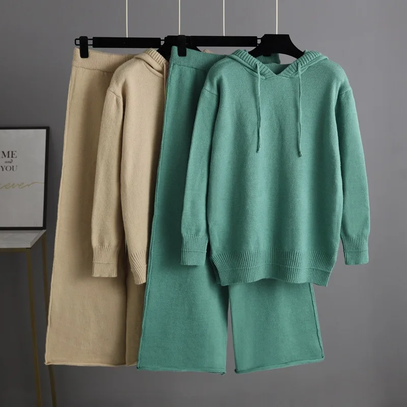

Autumn and Winter New Loose Women's Hooded Sweater Knitted Suit Women's Fashion Casual Temperament Sweater Trousers 2-piece Set