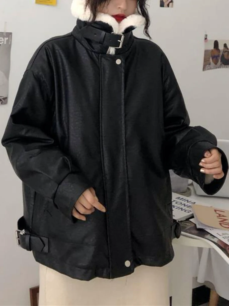 Black Winter Leather Jacket Women Korean Fashion Vintage Zipper Chic Biker Jacket Female Autumn Warm Loose Faux Fur Leather Coat