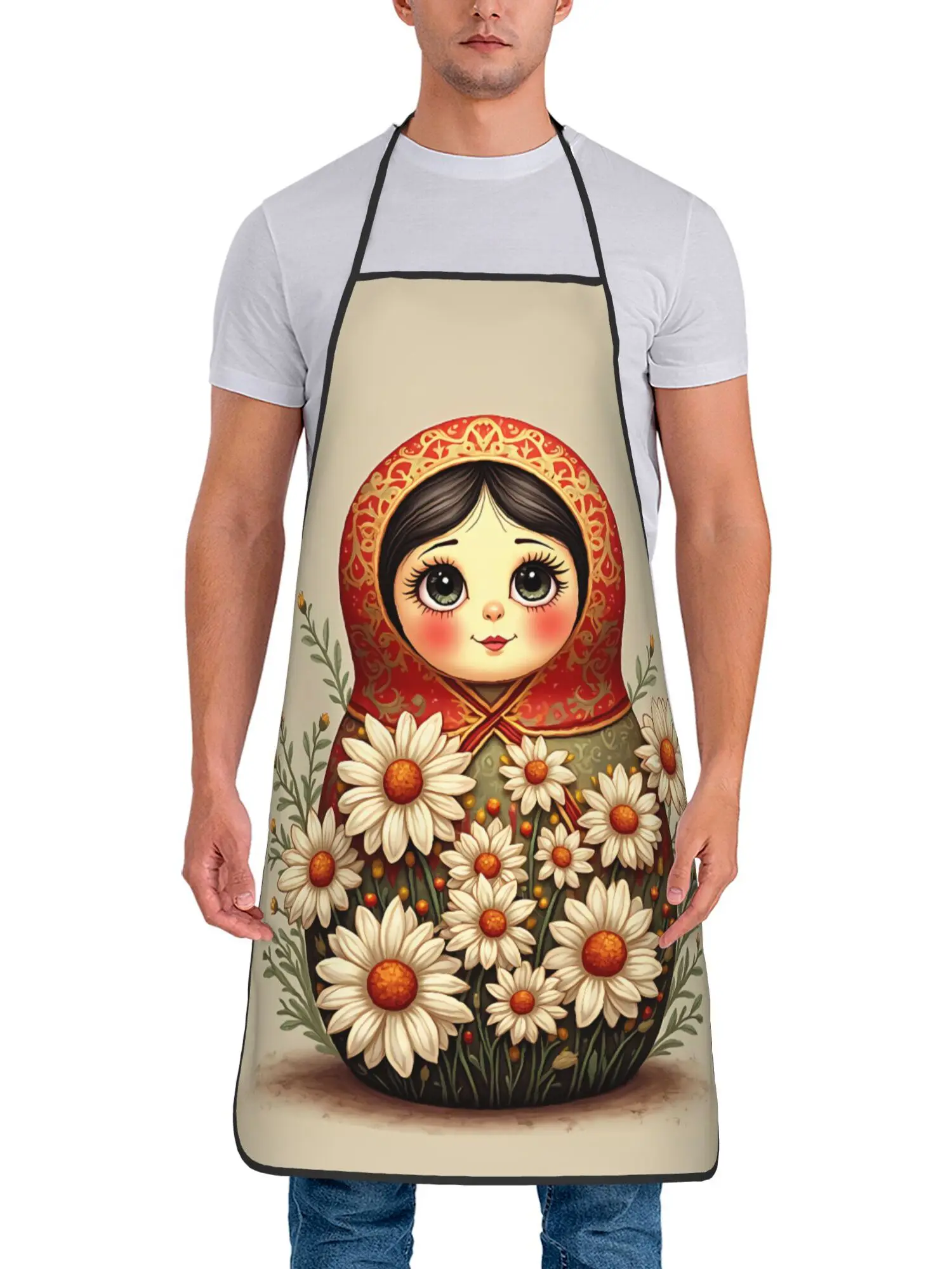 Фото Фартук с русской матрешкой и цветами ромашек, кухонный фартук для готовки и выпечки, подарок для женщин, народное искусство, одежда для шеф-повара, традиционный дизайн №3