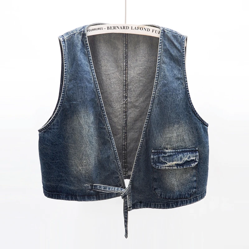 

Summer New Fashion Women Vintage Short Version Japan Style High Quality Vest V-neck Simple No Button Sleeveless Denim Waistcoats