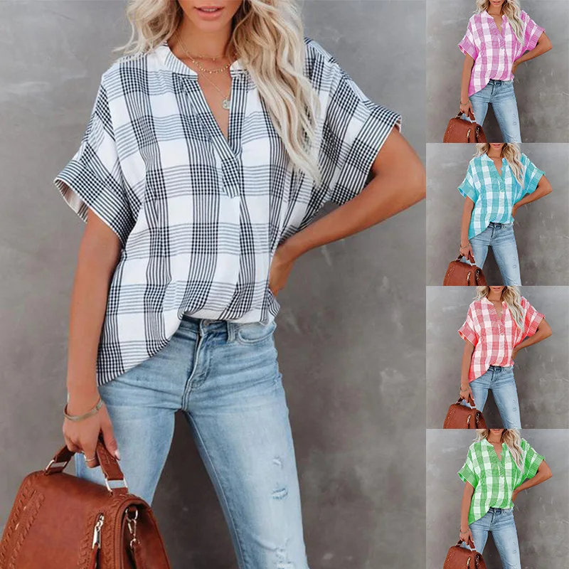 Spring/summer 2022 New plaid short-sleeved Shirt European and American Printed V-neck loose casual blouse
