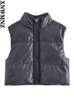 xnwmnz womens sleeveless faux leather cotton vest jacket autumn winter 2022 womens retro pu high collar zipper short jackets