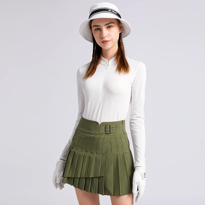 Love Golf Ladies Clothing Long Sleeve Shirts Ladies Slim Zip Golf Top Army Green Pleated Skirt Irregular Golf Skort Shors Pants