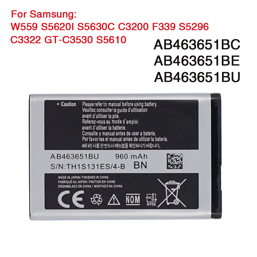 

Оригинальный аккумулятор AB463651BU для Samsung W559 S5620I S5630C S5560C C3370 C3200 C3518 J808 F339 S5296 C3322 L708E S5610 960 мАч