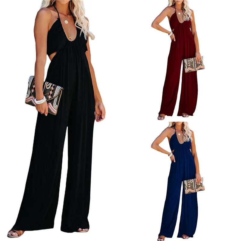 

Women Casual Halterneck Jumpsuit, Adults Summer Solid Color Sleeveless Backless V-Neck Wide Leg Romper Clubwear, 3 Colors, S-XL