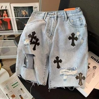 y2k ripped denim shorts european and american high street cross jeans hip hop boyfriend straight loose wide leg pants ins hot