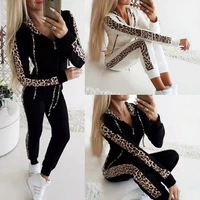 2022 autumn and winter new leopard print long sleeved printed zipper sweater trousers suit womens clothing