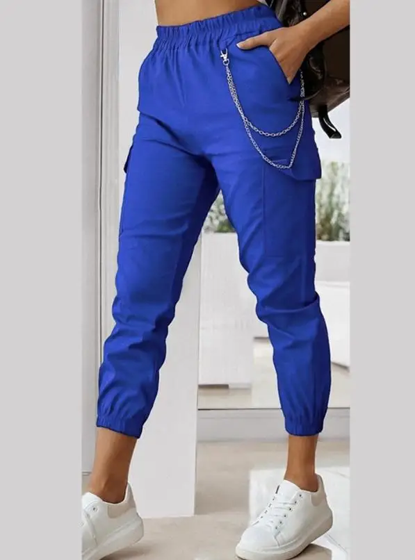 

2023 Summer New Commuter Women's Pants Fashion Solid Pocket Design Chain Decor Cuffed Casual Pants Slim-Fit Pants Versatile
