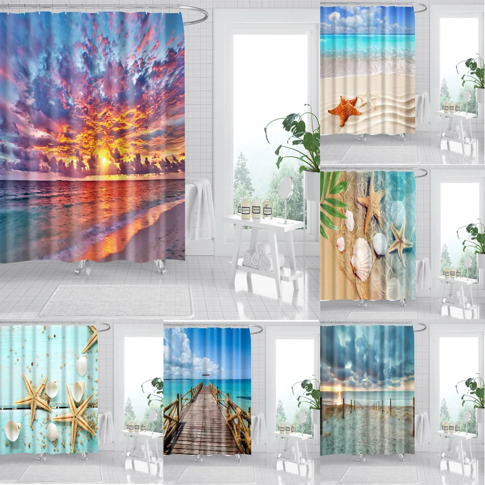 

Waterproof Starfish Blue Sea Beach Printing Bathroom Shower Curtains Bath Blackout Bath Screen Bathroom Curtains with 12 Hooks