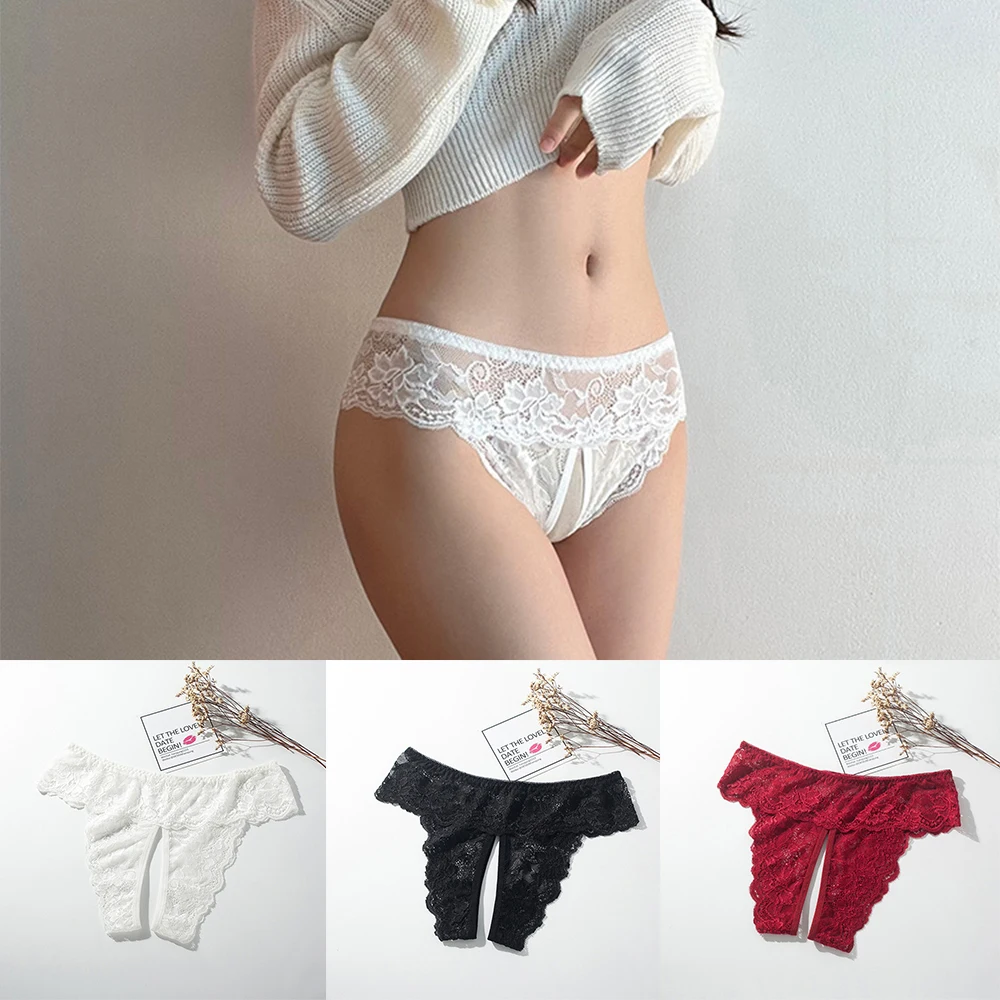 

Sexy Womens Lace Embroidery Panties Crotchless Sheer Thong Open Crotch Hollow Out Ultra Thin Brief Underwear T Pants