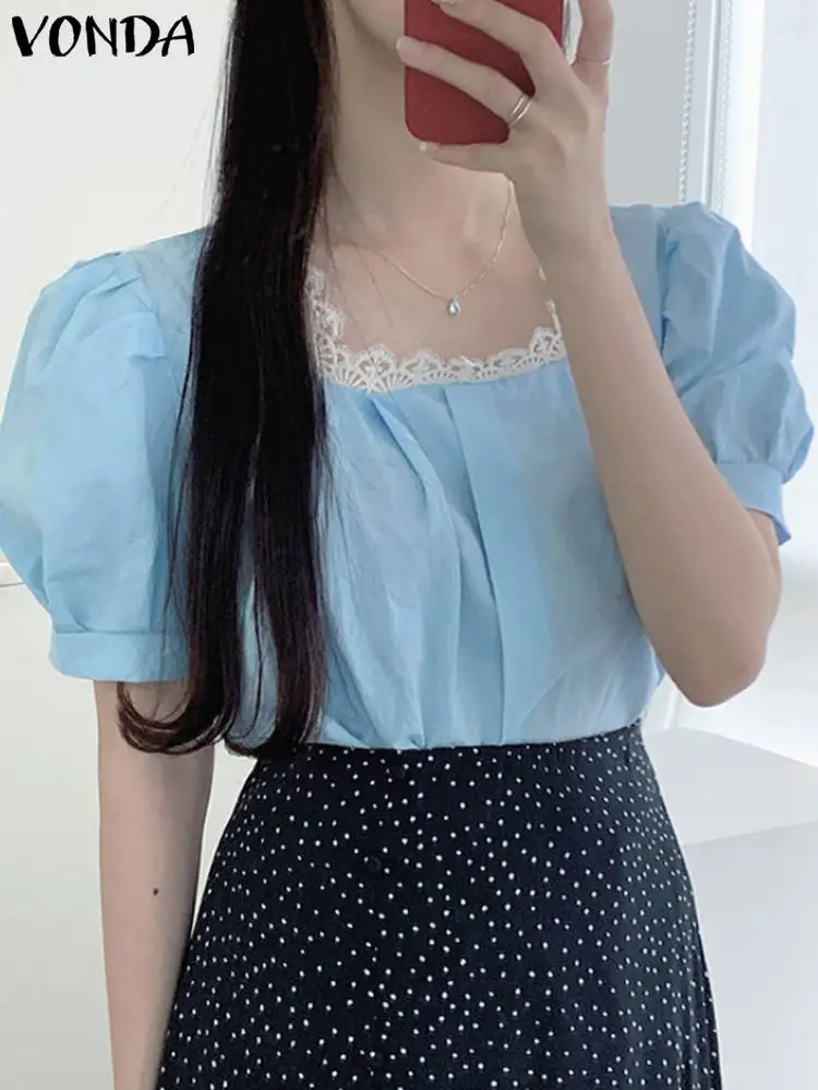 

Elegant Lace Hem Blouse Women Shirts 2022 VONDA Sexy Round Neck Short Puff Sleeve Tops Fashion Party Beach Tops Femininas Baggy