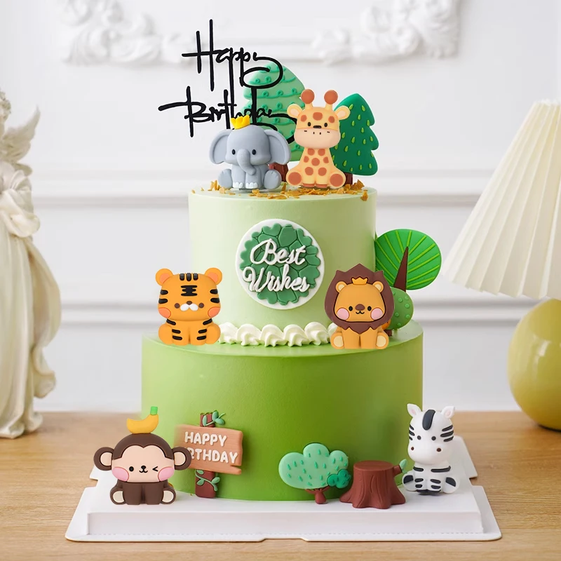 

Forest Cartoon Animal Cake Toppers Soft Clay Giraffe Tiger Monkey Elephant Lion Cake Decoration Tropical Birthday Party Supplies