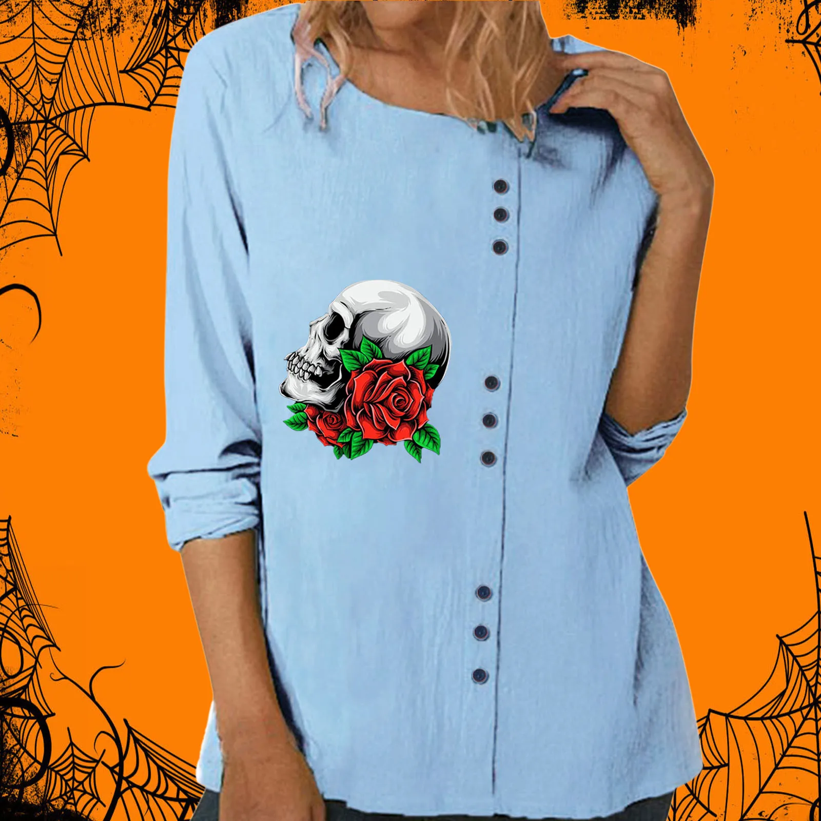 

Oversized Graphic Tees for Women Blouse Stretchy Women Halloween Print Long Sleeve O Neck Cotton Linen T Shirt Tops Casual