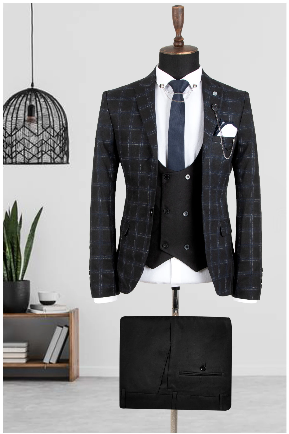 

DeepSEA square patterned italian cut 3-piece men's suit 2205015