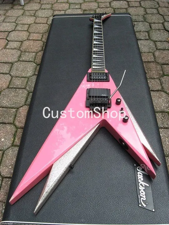 

JackS Double V De Vinnie Vincent Flying V Pink Silver Electric Guitar Floyd Rose Tremolo, Shark Fin Inlay, EMG Pickup,