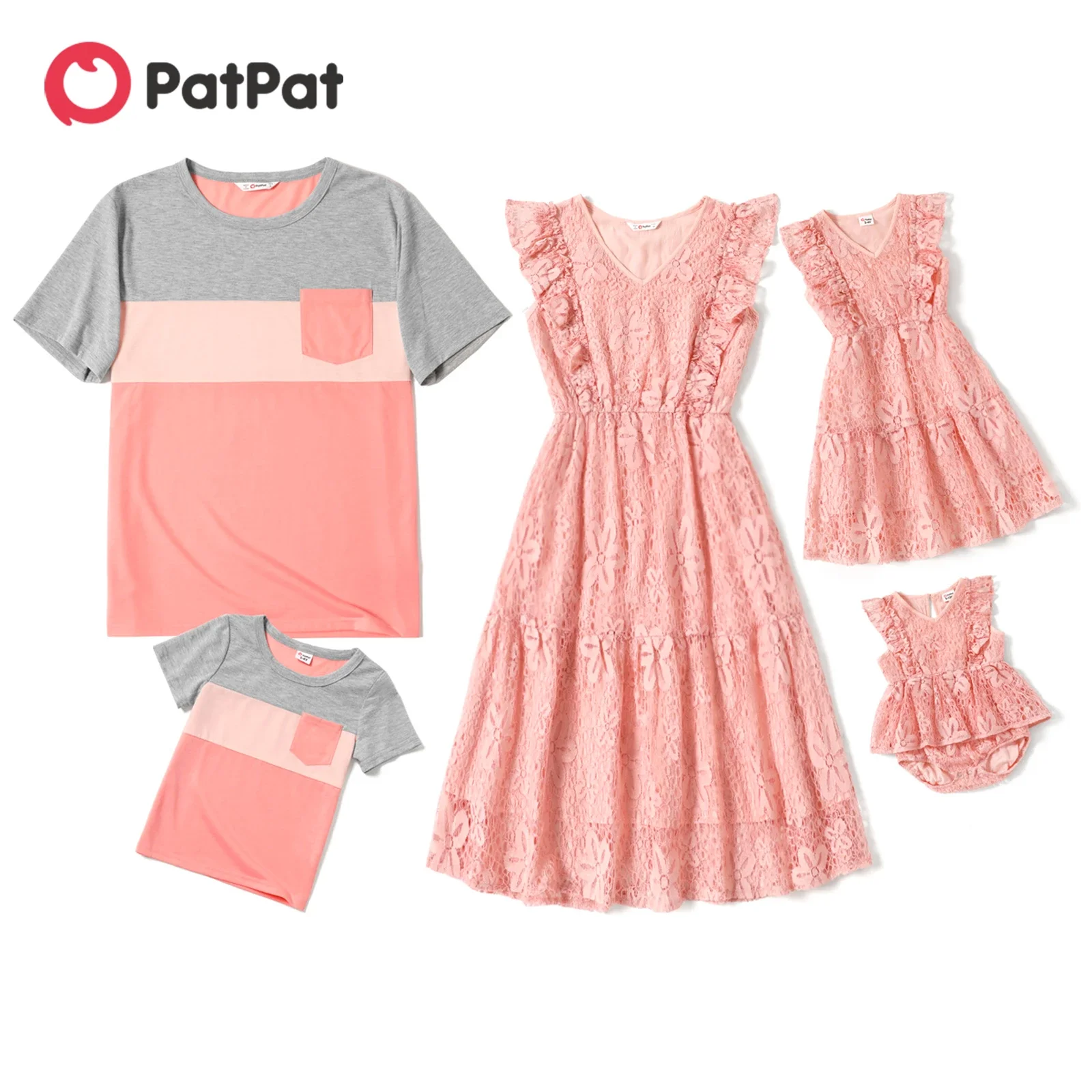 PatPat Family Matching Pink Lace V Neck Sleeveless Ruffle Dresses and Colorblock T-shirts Sets