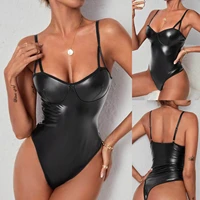 ultra thin soft patent leather bodysuit woman sexy shaping catsuit with adjustable belt back zipper open bare breast latex dress