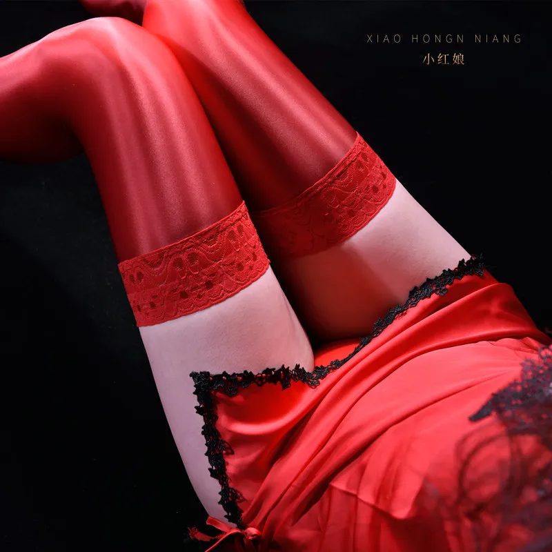 

80D Women Sexy Oil Shiny Thigh High Stockings Lace Top Nylon Pantyhose Long Over The Knee Silk Stockings with Anti-slip Silicone