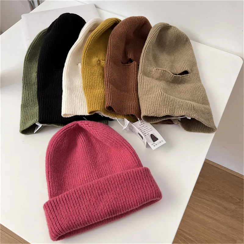 

Women Winter Warm Hat Scarf Solid Color Knitted Balaclava Full Face Cap Funny Beanie Hats