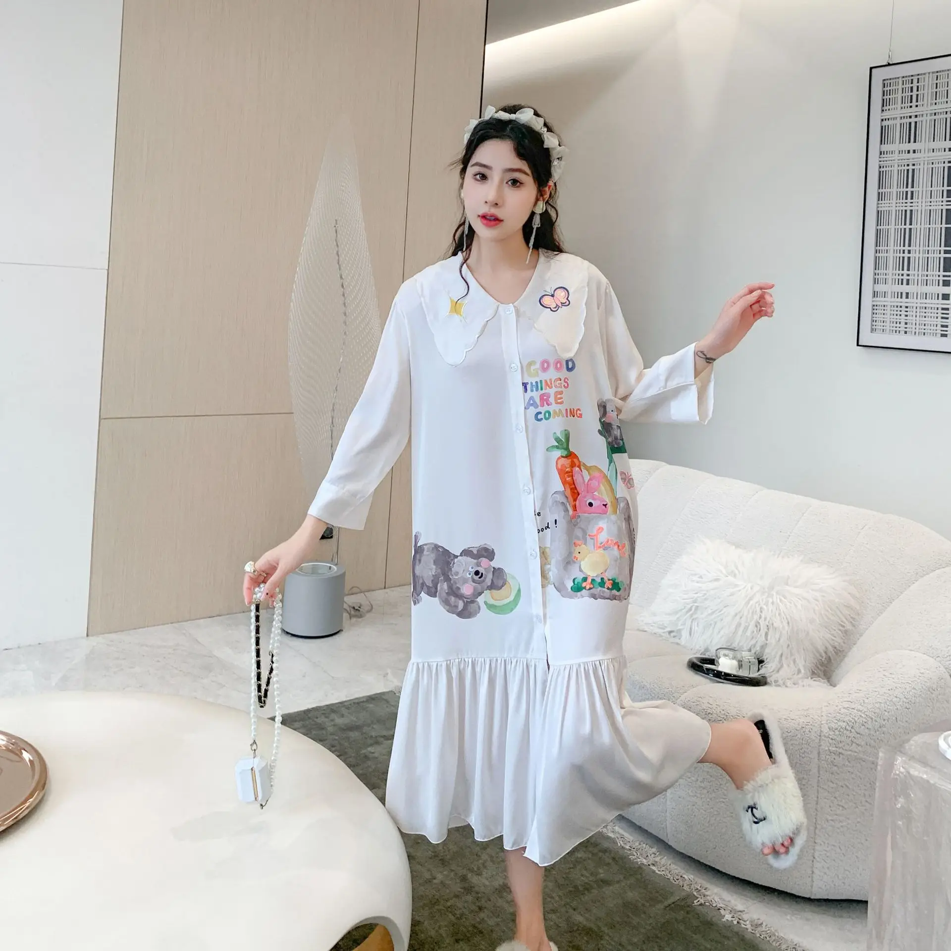 

Sweet Women Nightgown Sleepshirt Gown 2023 New Nightdress Silky Satin Sleepwear Summer Casual Rayon Home Dress Loungewear