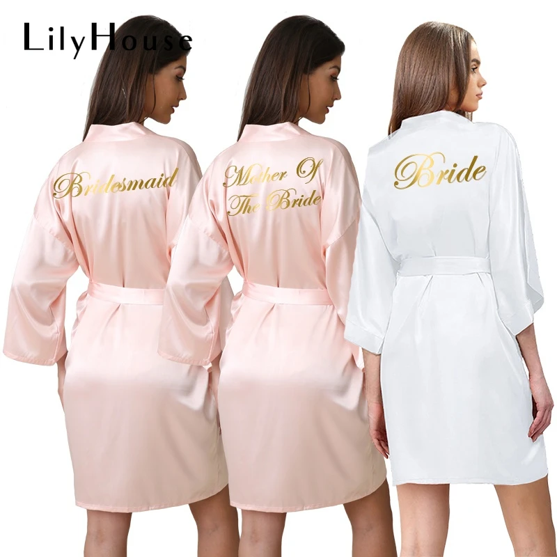 

Bridesmaid Robes Light Pink Satin Silk Bride Robe Wedding Party Bride Robe Dressing Gown Bridal Bathrobe Gold Print
