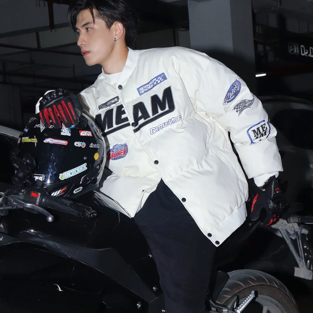 American style PU leather street embroidered padded motorcycle jacket baseball suit men's and women's loose cotton suit