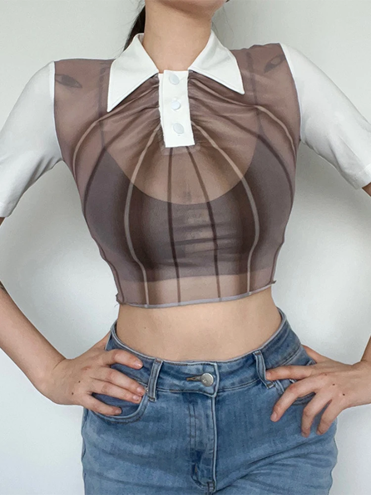 

Женский сетчатый топ с открытым животом, универсальная облегающая футболка с коротким рукавом, отложным воротником и панелями в уличном ст...