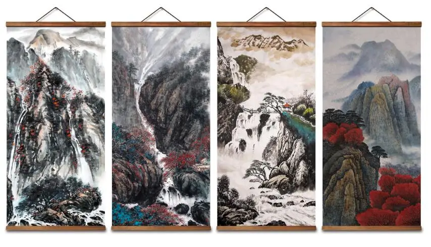 

Настенные художественные плакаты MT0958 в китайском стиле, пейзаж, чернильный холст, декоративные настенные художественные плакаты, картины с прокруткой из массива дерева