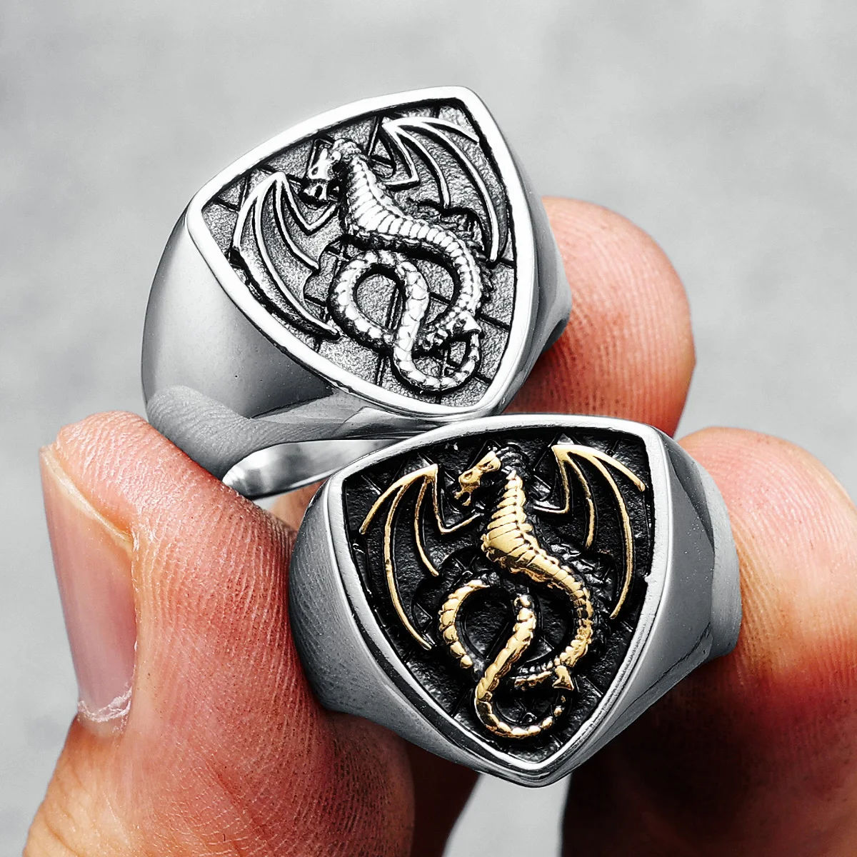Dragon Shield Ring 316L Stainless Steel Men Rings Rock Punk Norse Myth for Biker Male Boyfriend Jewelry Best Creative Retro Gift