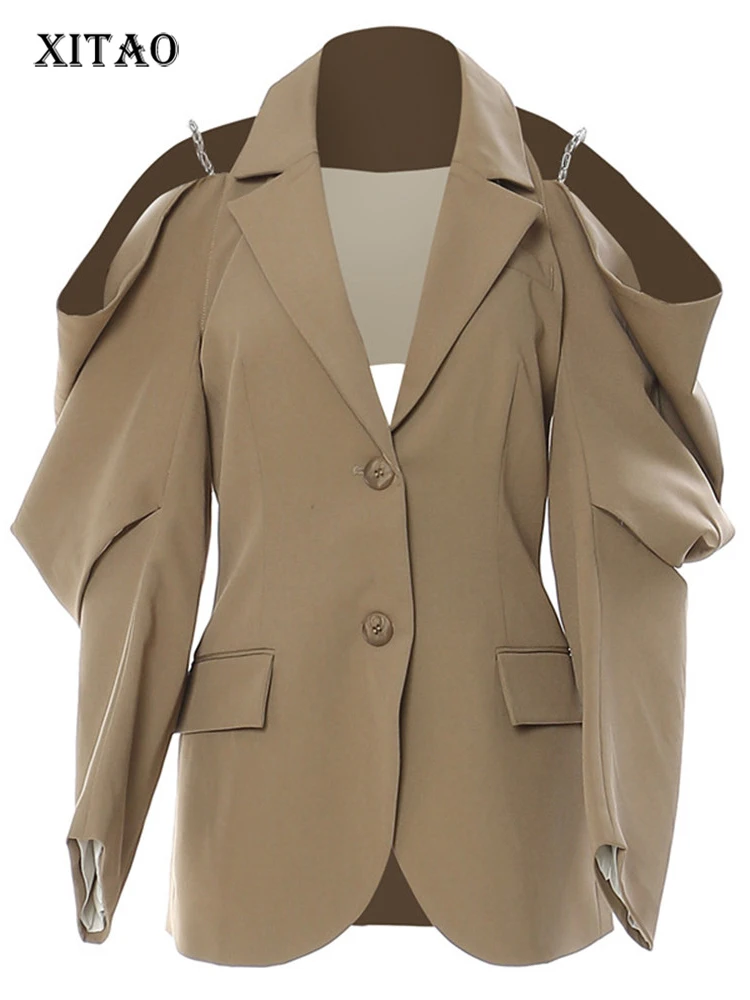

XITAO Single Breast Blazer Fashion Women Pocket Solid Color Irregular Pocket 2022 Autumn Minority Loose Casual Coat ZY7286