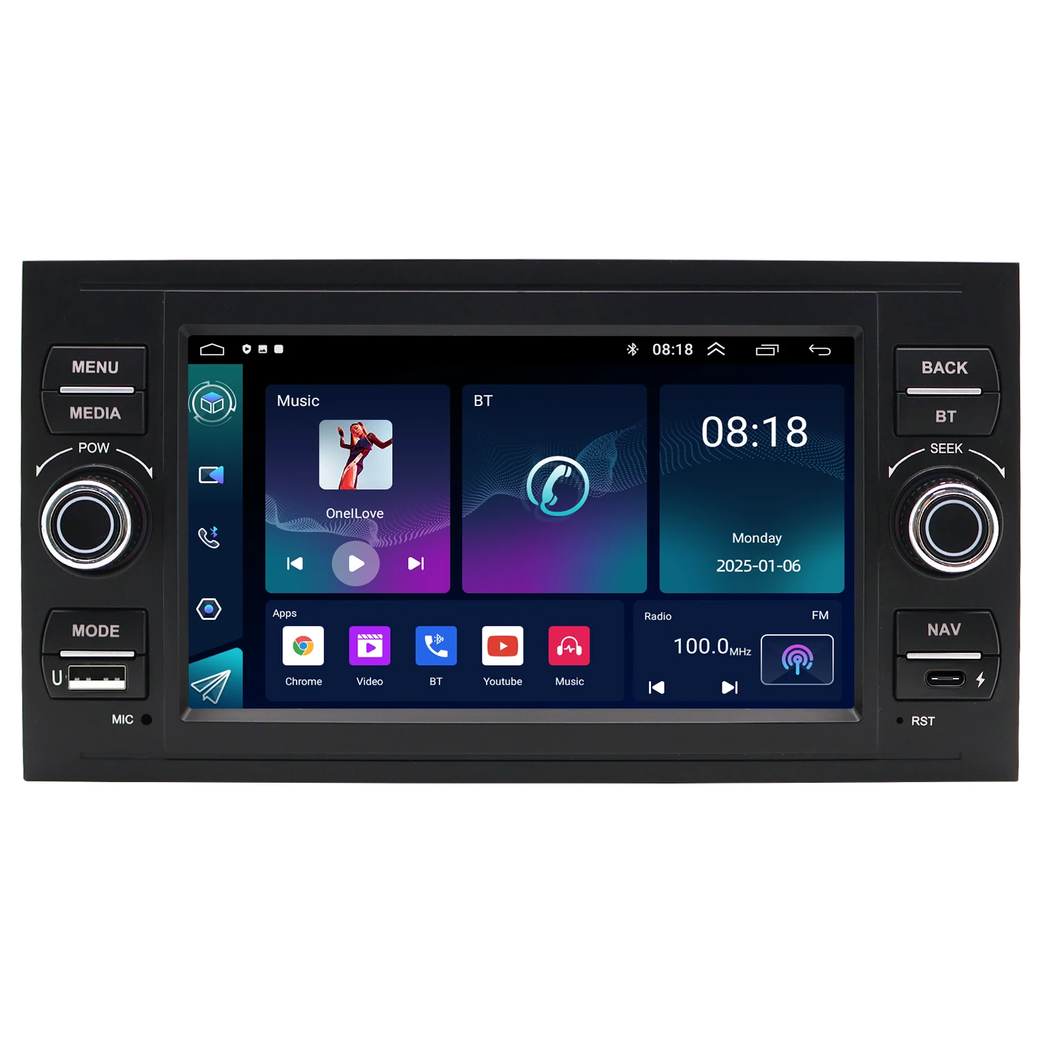 Фото 7-дюймовая автомобильная магнитола Android Type-C для Ford Transit 2000-2011 с беспроводным CarPlay, Android Auto, GPS-навигацией, Bluetooth и управлением с руля №2