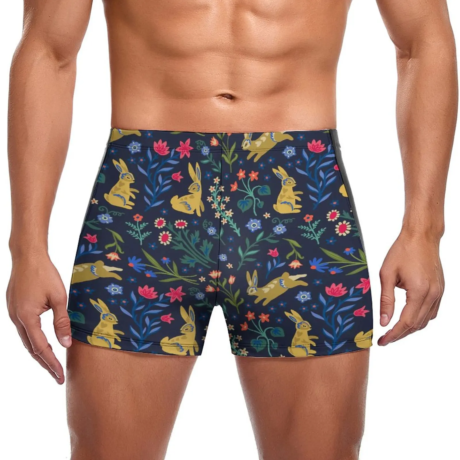 

Happy Easter Amigos Swimming Trunks Bunnies Flowers Print Pool Fashion Swim Shorts Elastic Push Up Men Swimsuit