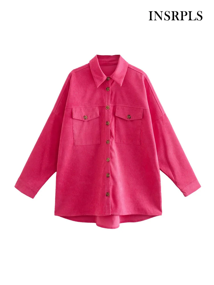 

INSRPLS Women Fashion With Pockets Oversized Corduroy Jacket Coat Vintage Long Sleeve Button-up Female Outerwear Chic Overshirts