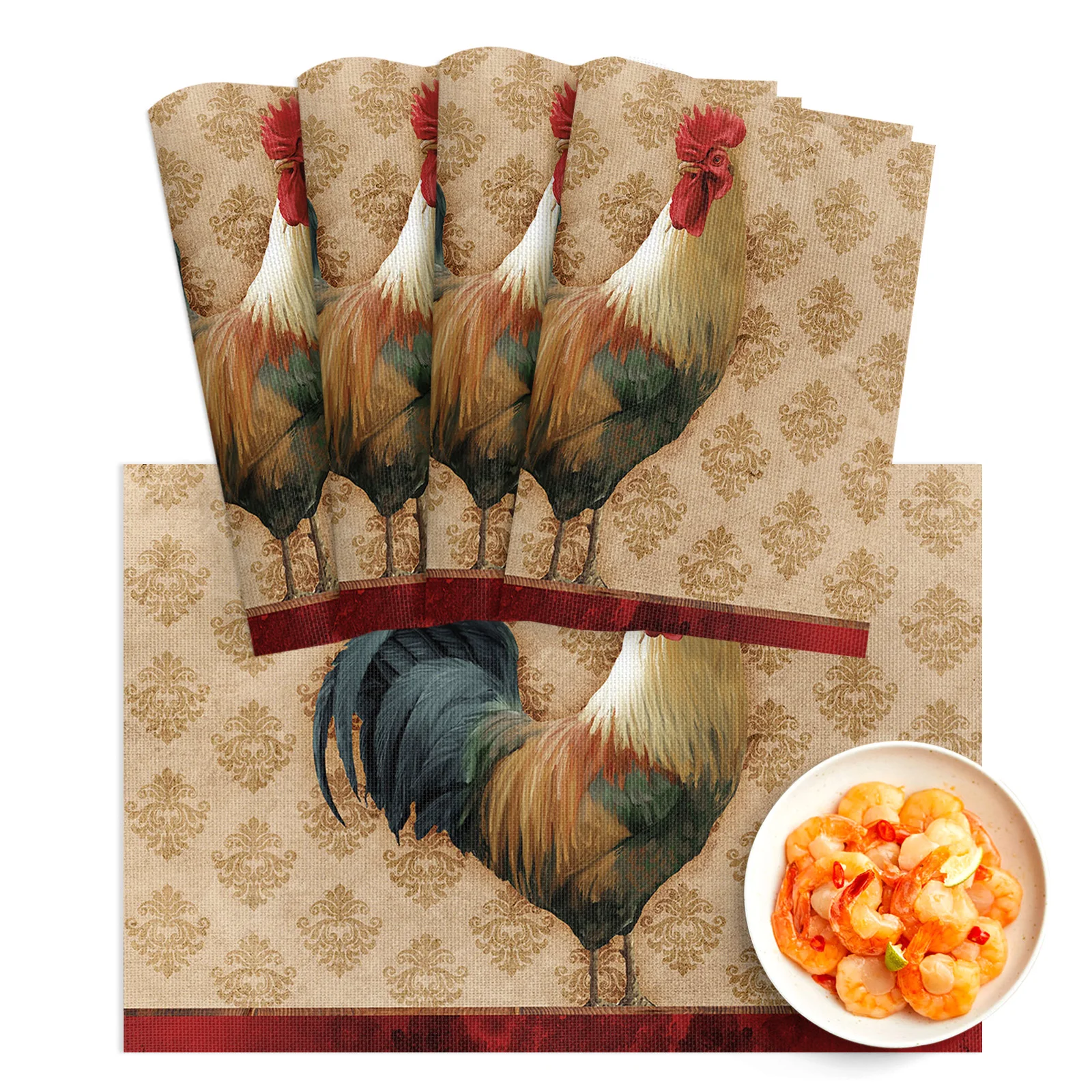 

4/6pcs Placemat Farm Vintage Rooster Texture Restaurant Kitchen Accessories PVC Durable Dining Table Mats Disc Bowl Coaster Pad