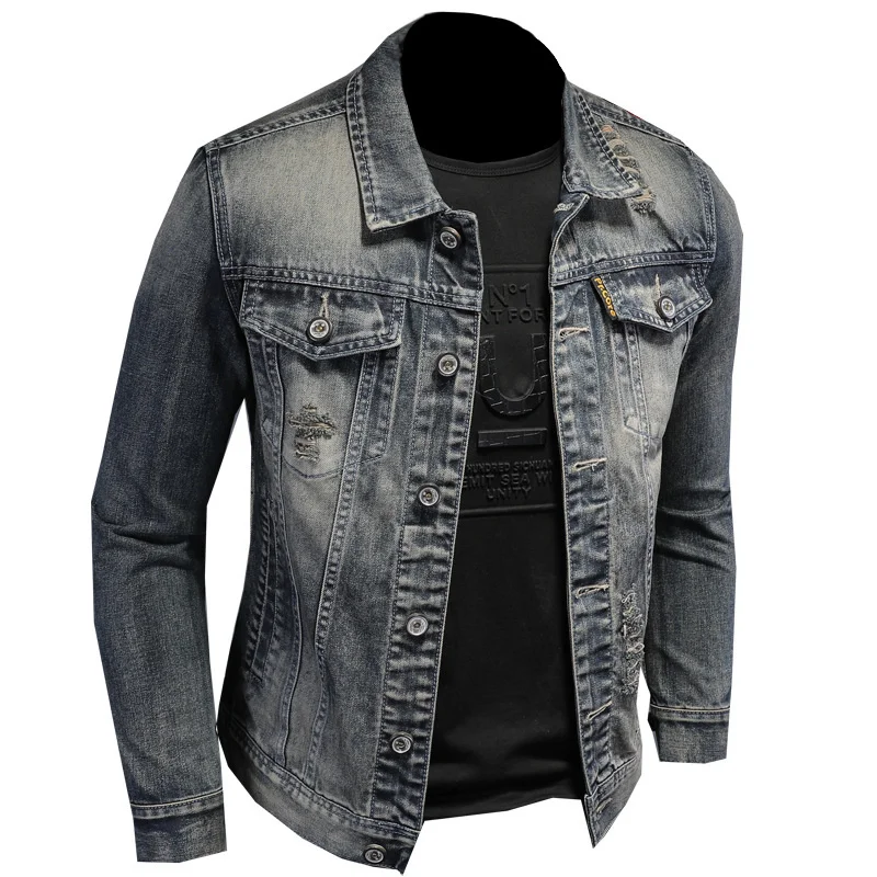 

High Quality Biker Denim Jacket Men's Motor Retro Patchwork Slim fit Jean Cowboy Jackets Distressed Ripped Hole Spring Autumn Co