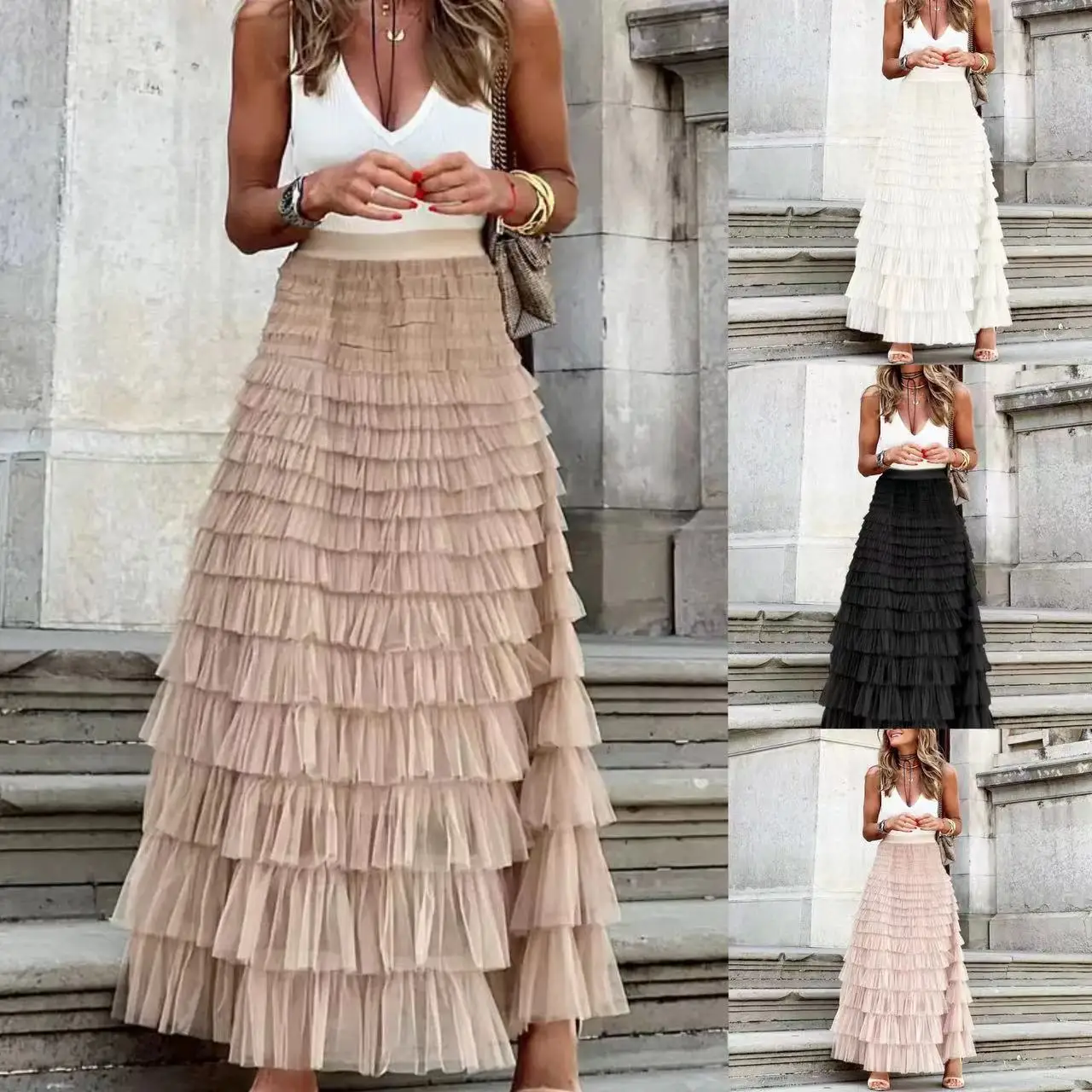 

2023 New Summer Long Skirt Layered Ruffles Design Elegant Maxi Dress Office Women Commuting Party Attire