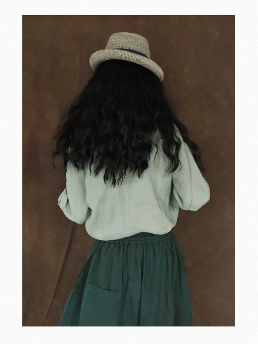 Зеленые рубашки из хлопка и льна в стиле ретро женские летние весенне-осенние