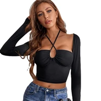 hollow out women sexy halter basic crop top y2k 2022 black off the shoulder long sleeve spring t shirts casual streetwear tees