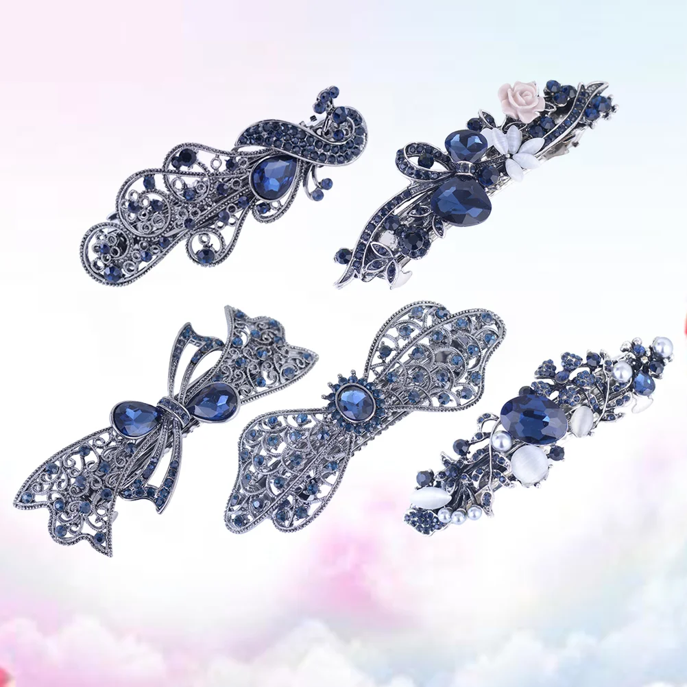 

Hair Clips Rhinestone Clip Blue Barrettes Fancy Hollow Flower Retro Bow Metal Crystal Women Vintagefrench Spring Accessories