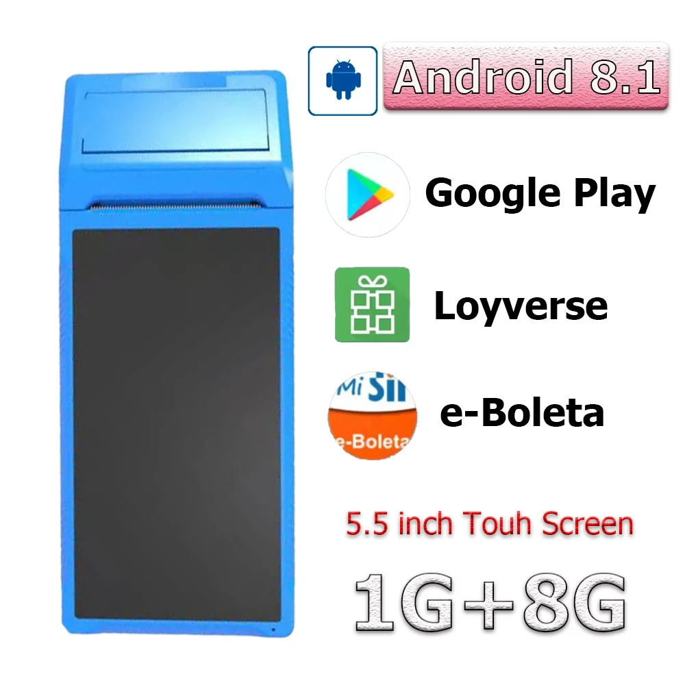 

Терминал POS-терминал на Android 8,1, КПК, 5,5 дюйма, сенсорный экран, встроенный 58 мм Bluetooth Термопринтер для чеков, поддержка Wi-Fi, GPS