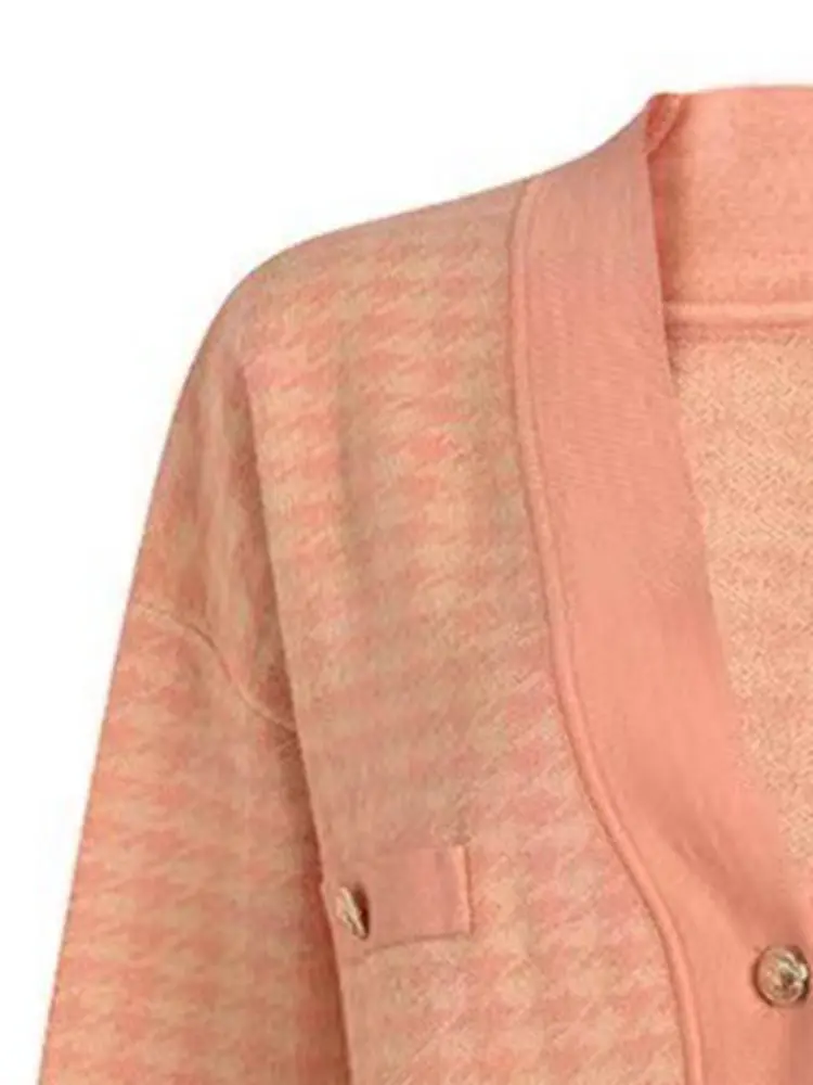 

Autumn New Plaid Loose Women Knitted Cardigan Mid-length Contrast Color V-neck Single-breasted Long-sleeved Coat