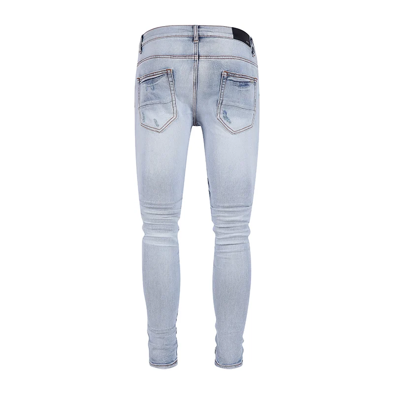 High Street Fashion Men Jeans Retro Light Blue Stretch Skinny Fit Ripped Jeans Men Patched Designer Hip Hop Brand Pants Hombre
