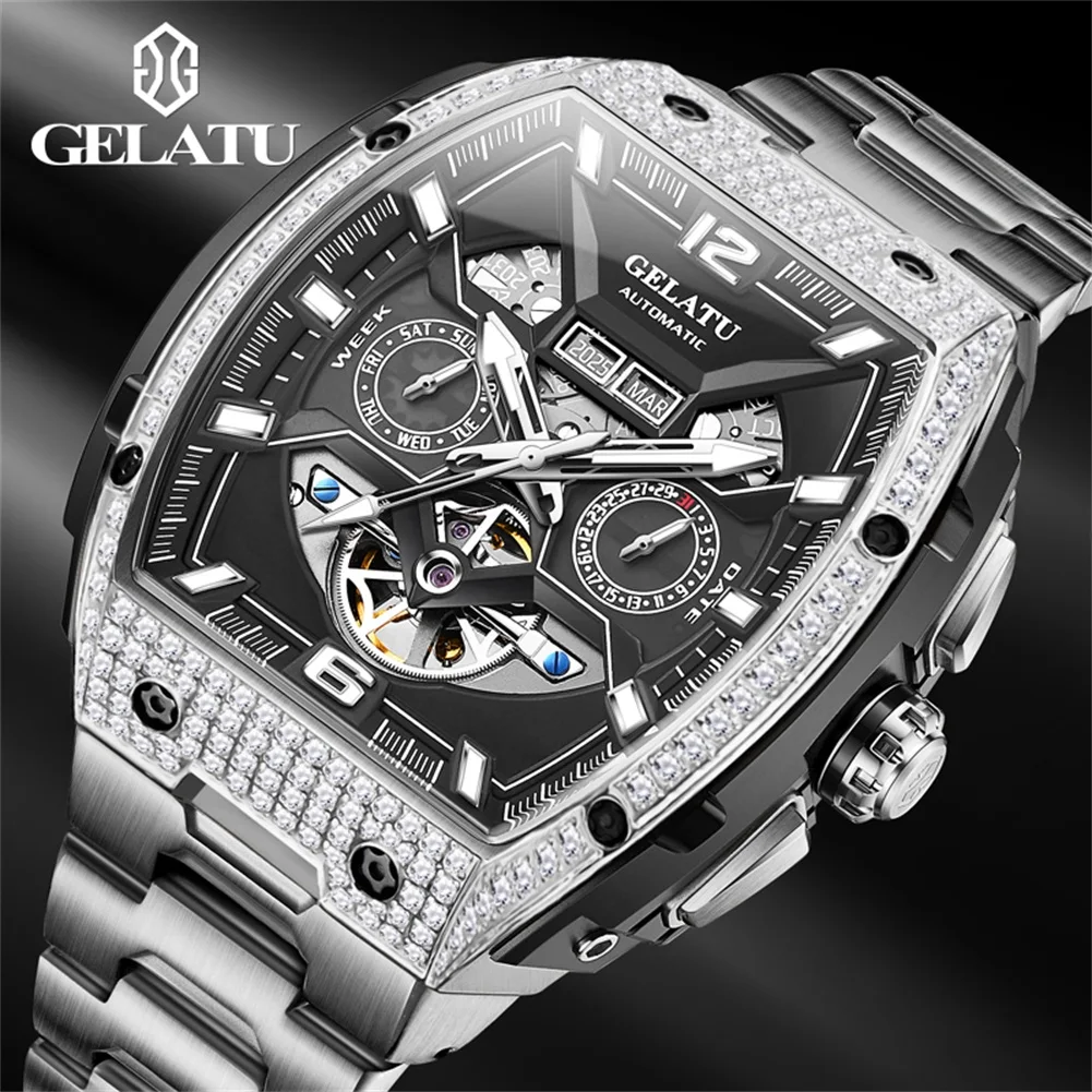 Фото Мужские часы GELATU Luxury, оригинальные, скелетонизированные, автоматические, механические ﻿   Водонепроницаемые часы из нержавеющей стали 50 м для мужчин, подарок 6016 №2