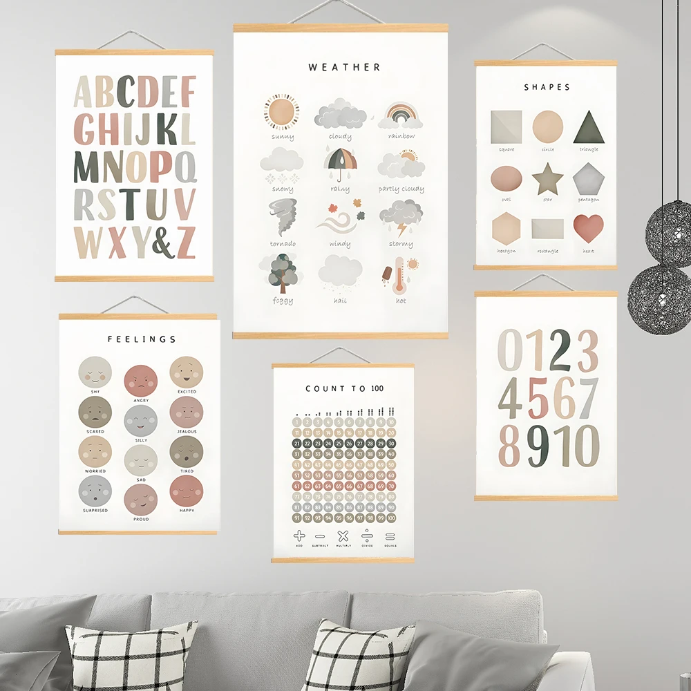 Обучающие постеры из цельного дерева цифры алфавита формы цвета прокрутки