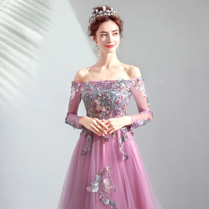 

Женское свадебное платье с открытой спиной, фиолетовое платье трапециевидной формы из фатина с цветочной вышивкой и бисером, официальное платье до пола